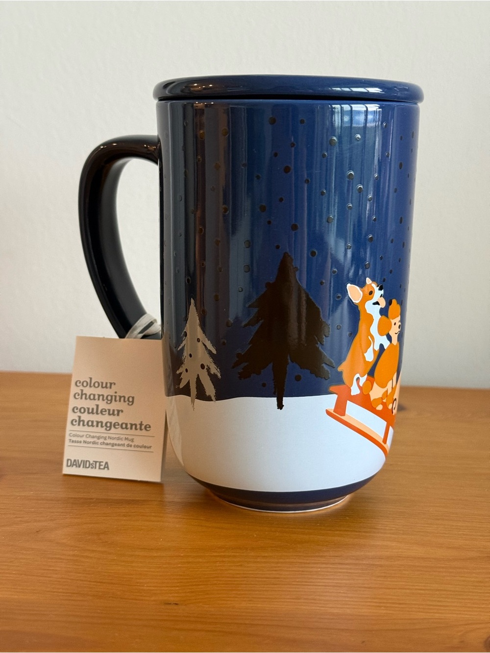 DAVIDsTEA Colour-Changing Nordic Mug Sleigh Ride Corgi Navy